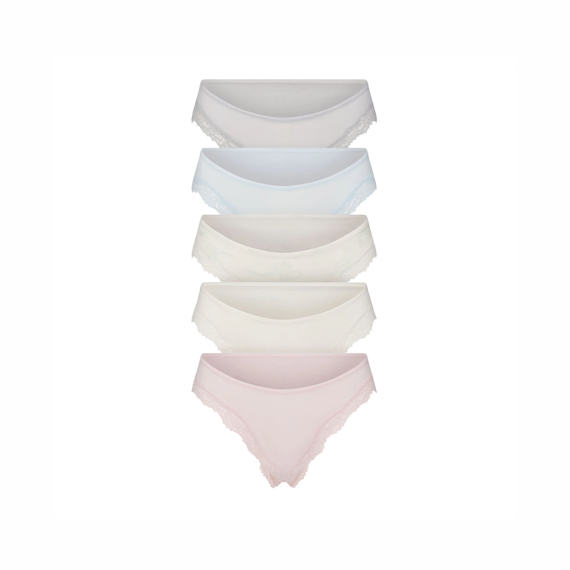 FITS EVERYBODY LACE CHEEKY TANGA 5-PACK | IVORY PEARL BOW MULTI LAYS FLAT ON A WHITE BACKGROUND | @ | FOCUS: 0.0, 1.0, 0.9 