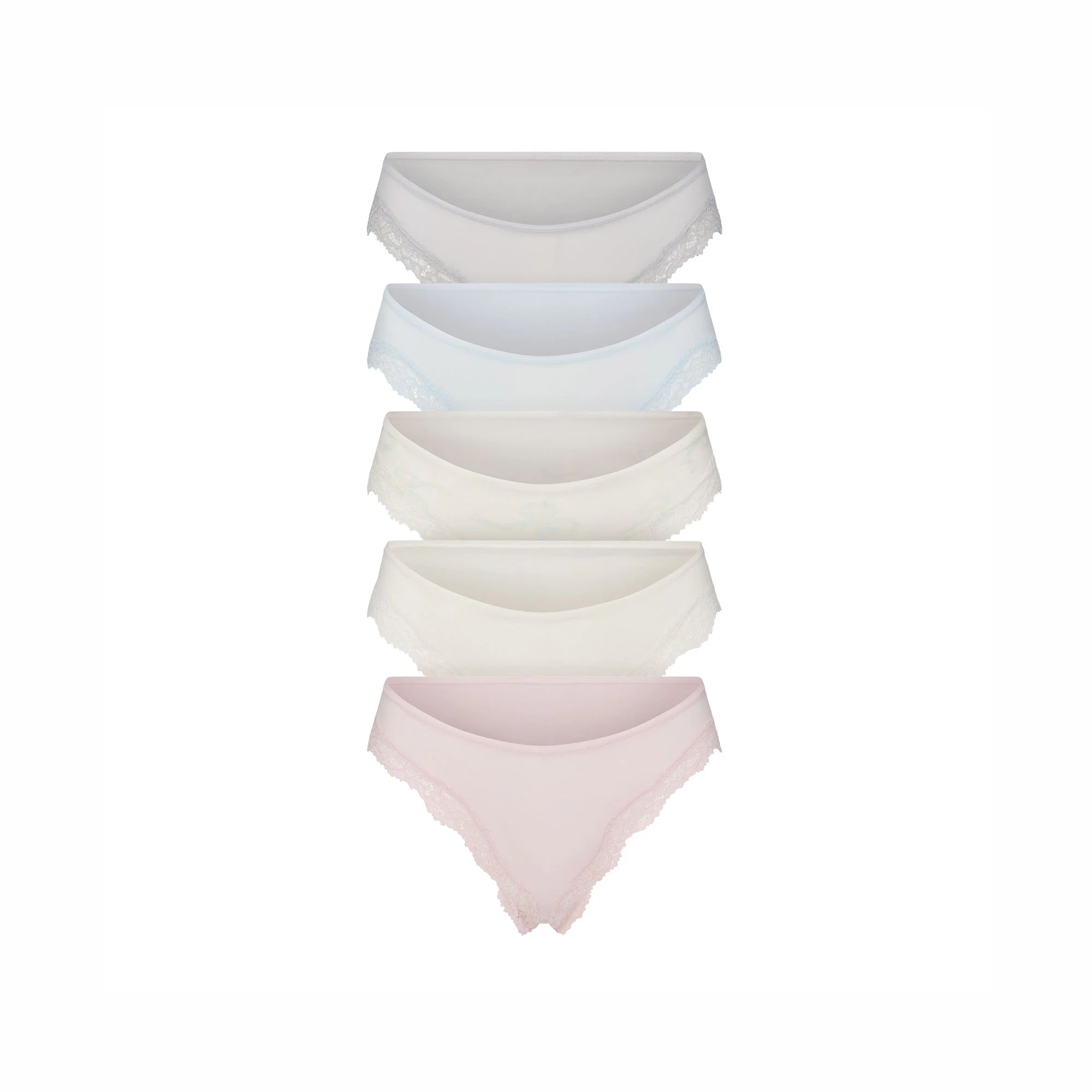FITS EVERYBODY LACE CHEEKY TANGA 5-PACK | IVORY PEARL BOW MULTI LAYS FLAT ON A WHITE BACKGROUND | @ | FOCUS: 0.0, 1.0, 0.9