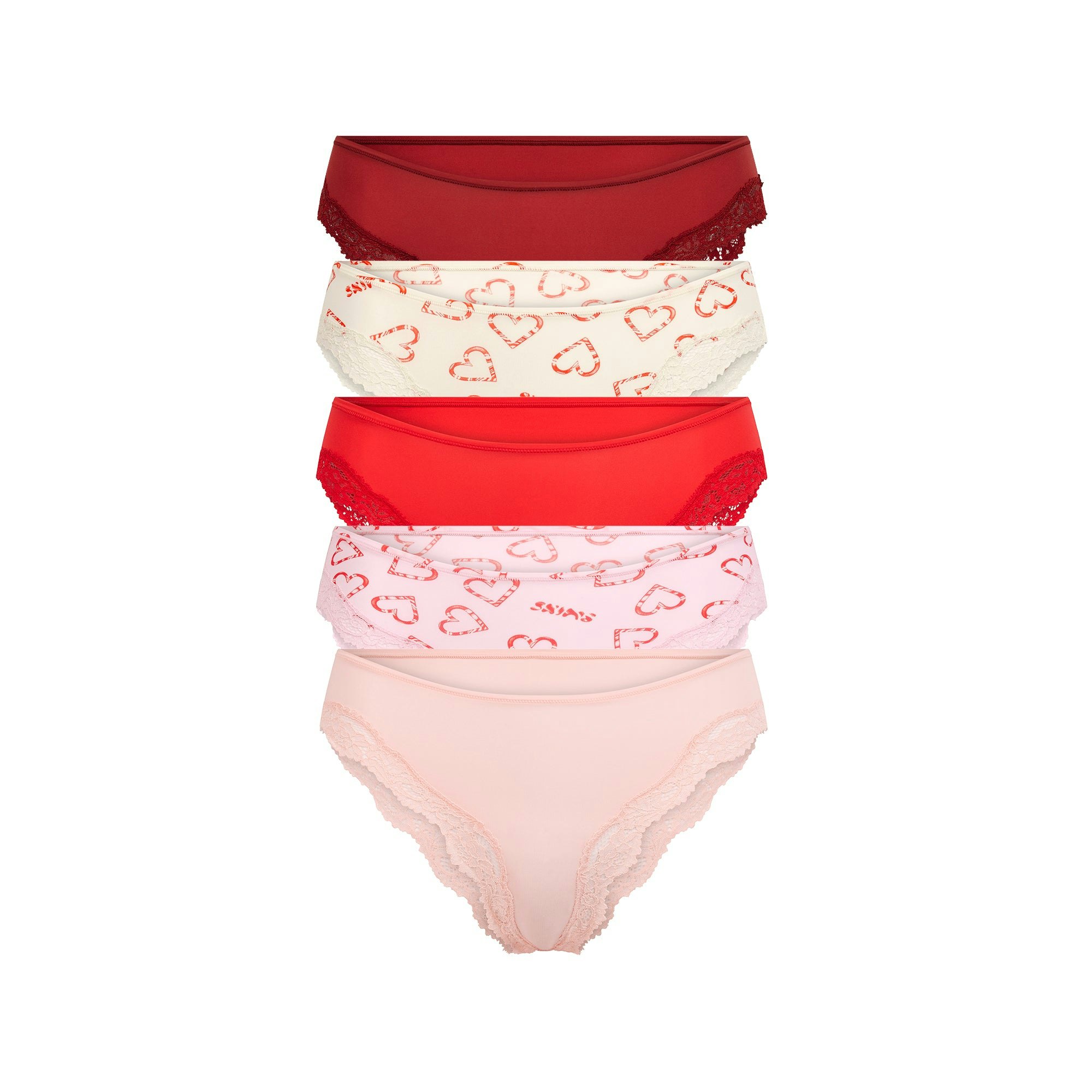 FITS EVERYBODY LACE CHEEKY TANGA 5-PACK | CANDY HEART MULTI FLAT ON A WHITE BACKGROUND | FLT @ | FOCUS: 0.9, 0.1, 0.7