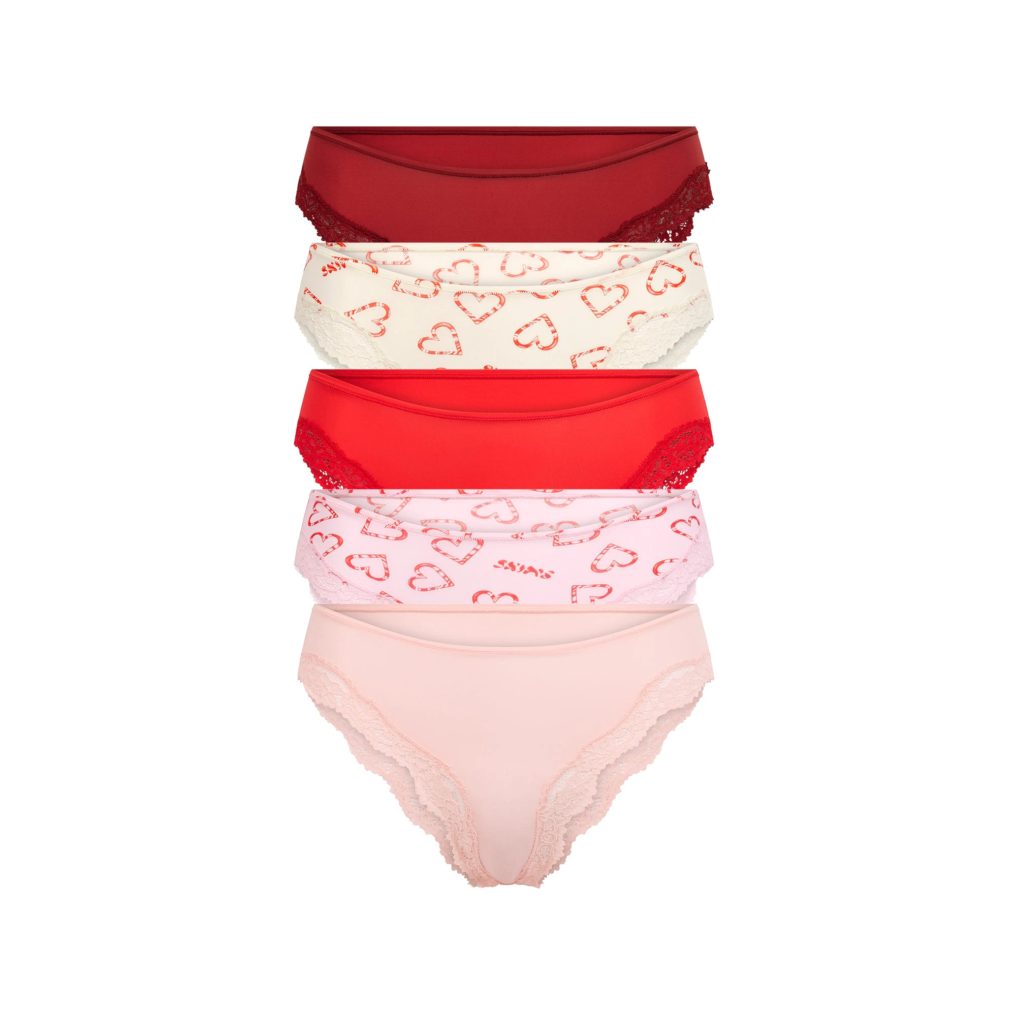 FITS EVERYBODY LACE CHEEKY TANGA 5-PACK | CANDY HEART MULTI FLAT ON A WHITE BACKGROUND | FLT @ | FOCUS: 0.9, 0.1, 0.7