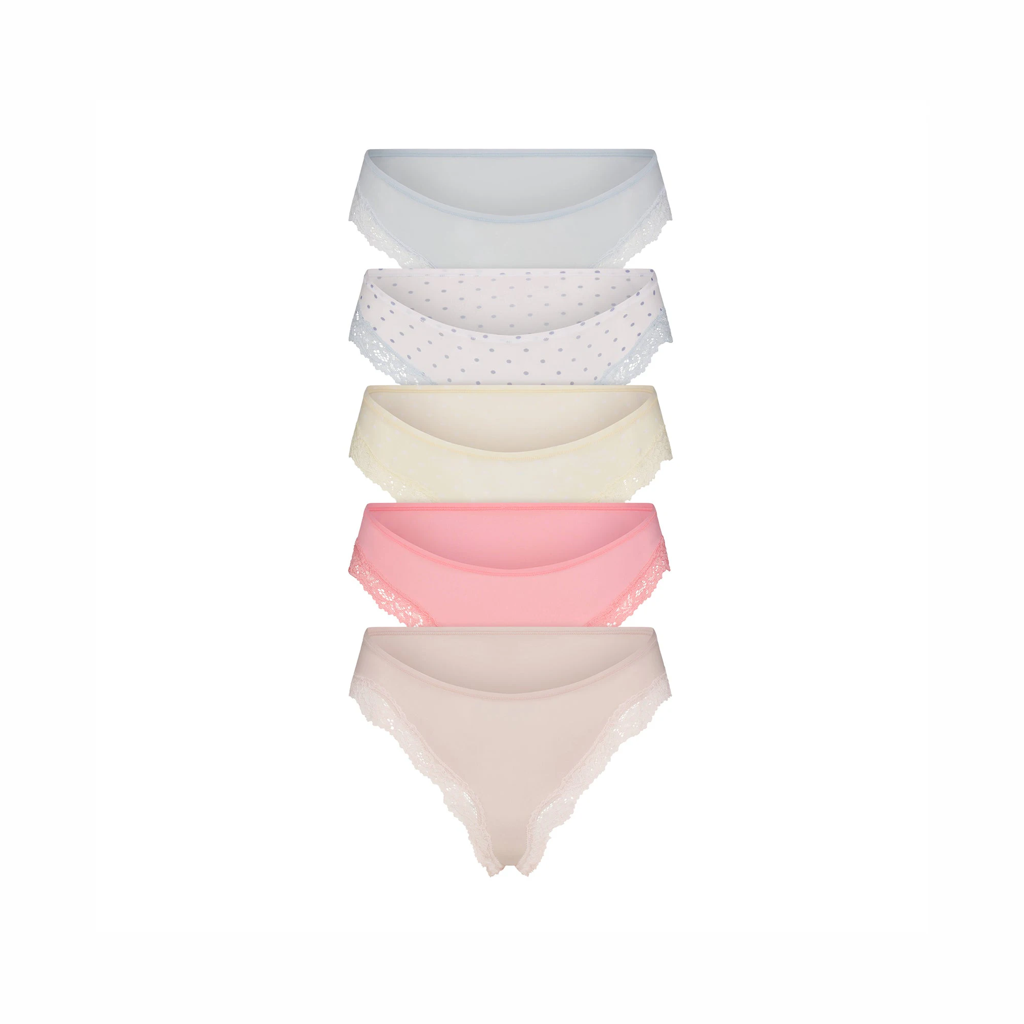 FITS EVERYBODY LACE CHEEKY TANGA 5-PACK | PIN DOT MULTI FLAT ON A WHITE BACKGROUND | FLT @ | FOCUS: 0.0, 1.0, 0.9