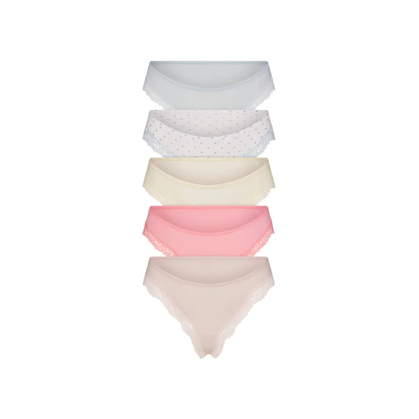 FITS EVERYBODY LACE CHEEKY TANGA 5-PACK | PIN DOT MULTI FLAT ON A WHITE BACKGROUND | FLT @ | FOCUS: 0.0, 1.0, 0.9