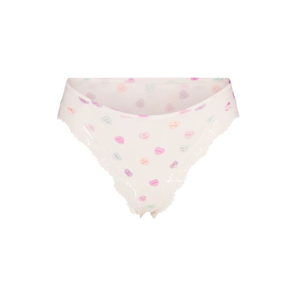 FITS EVERYBODY LACE TANGA | MARBLE CANDY HEART PRINT FLAT ON A WHITE BACKGROUND | FLT