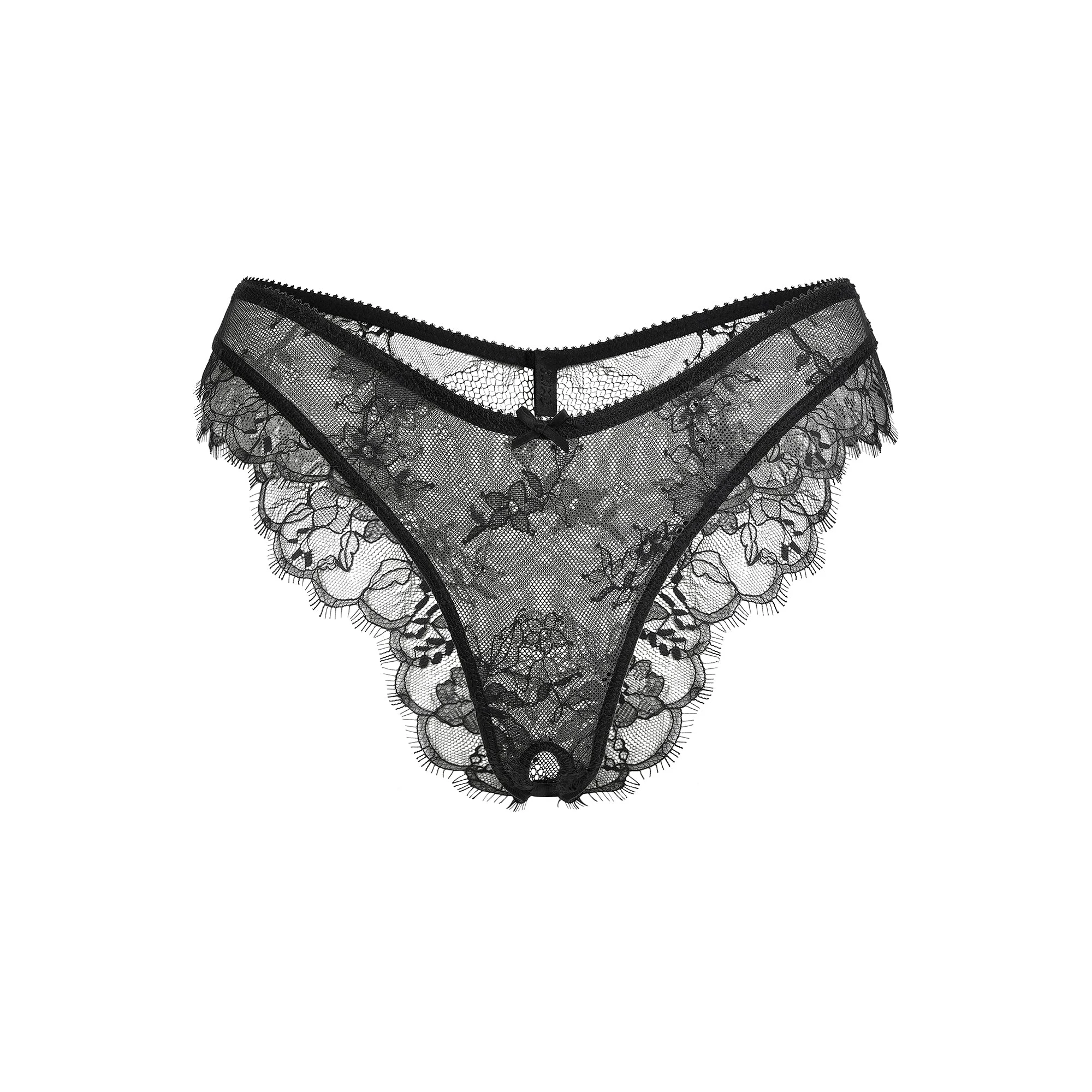 ULTRA FINE LACE CROTCHLESS TANGA | ONYX FLAT ON A WHITE BACKGROUND | FLT