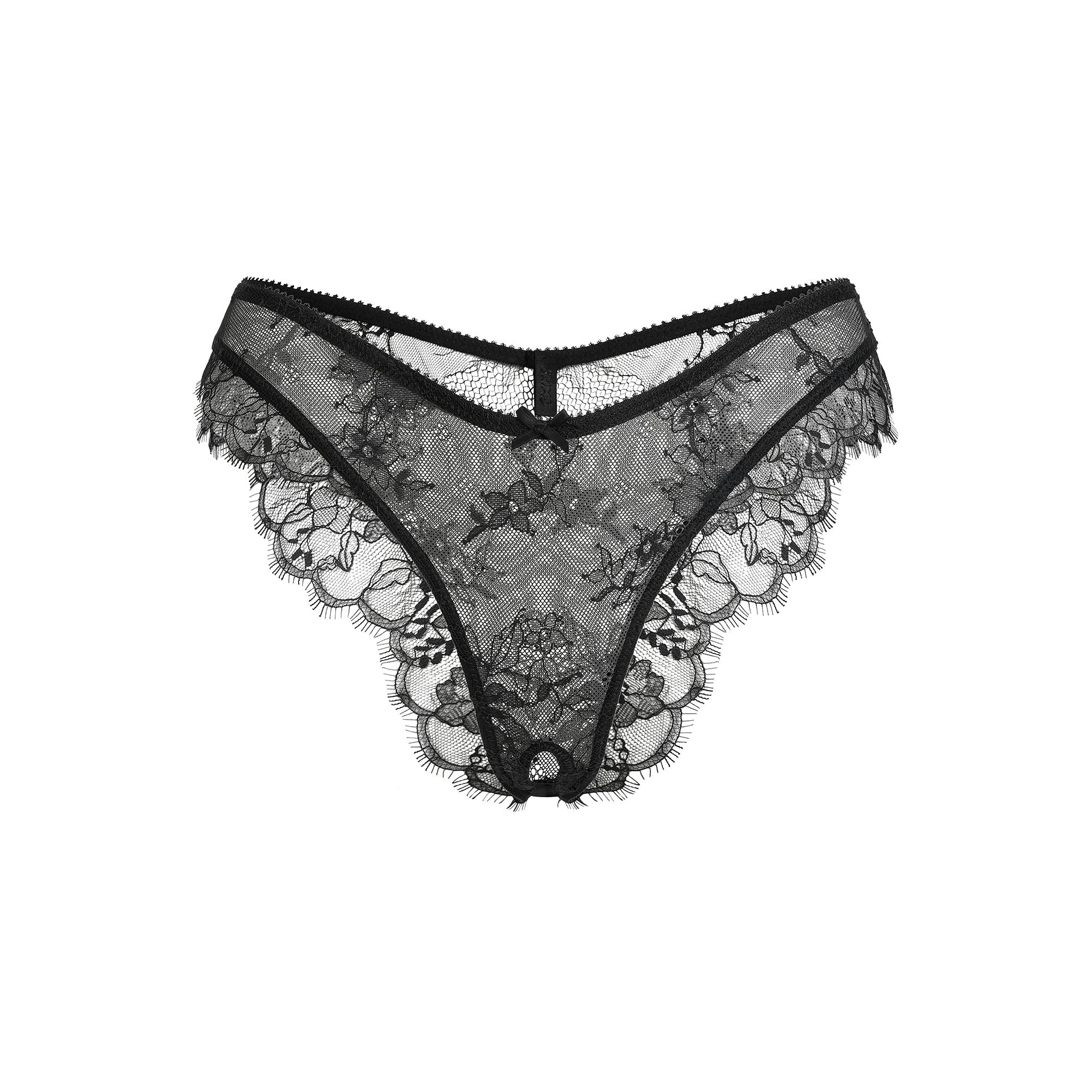 ULTRA FINE LACE CROTCHLESS TANGA | ONYX FLAT ON A WHITE BACKGROUND | FLT