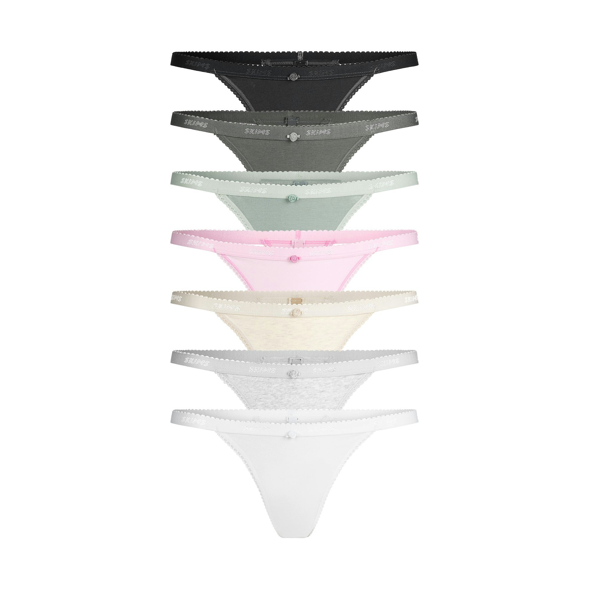 LIGHTWEIGHT COTTON LOGO PICOT THONG 7-PACK | SNOW MINERAL MULTI FLAT ON A WHITE BACKGROUND | FLT