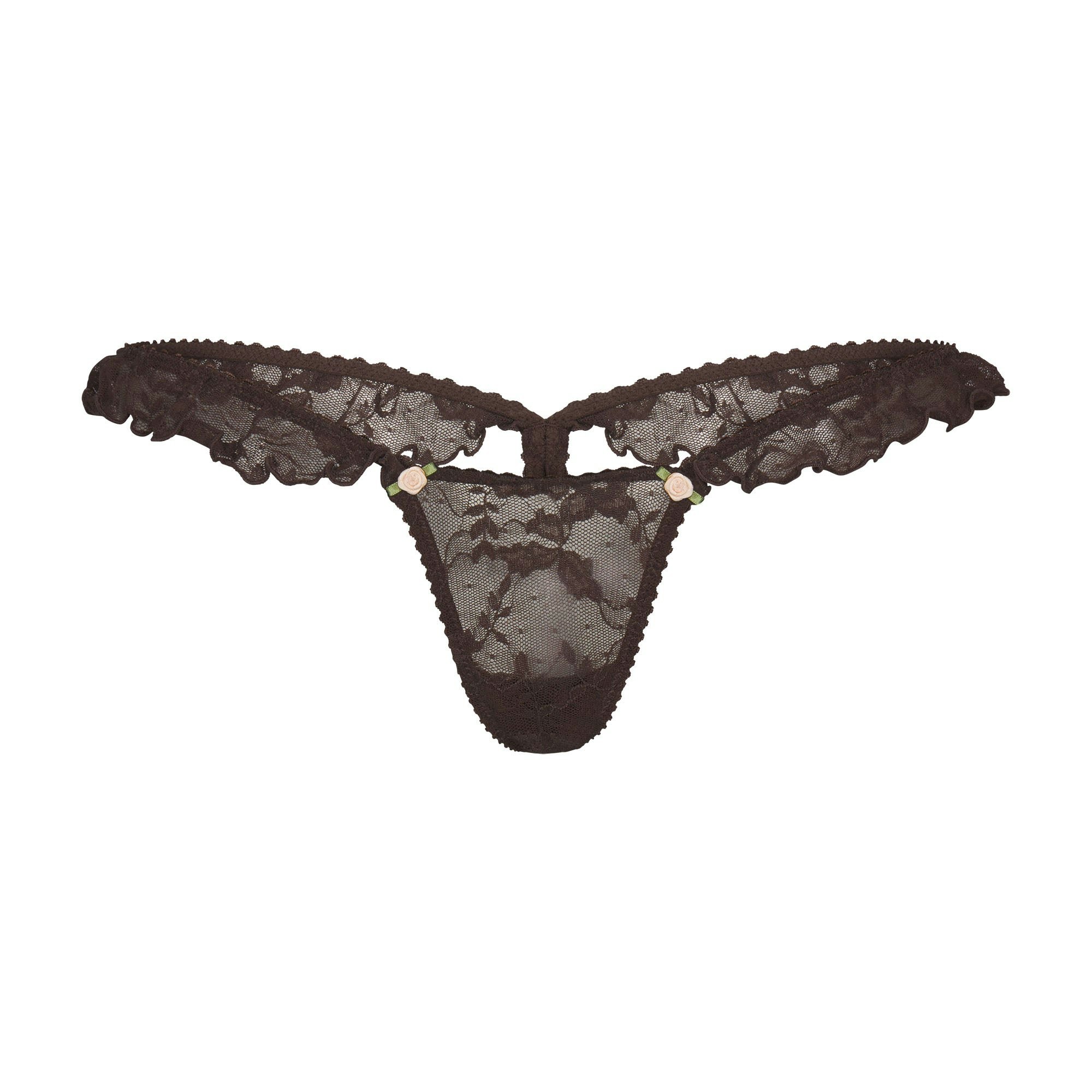 STRETCH LACE BUTTERFLY THONG | ESPRESSO FLAT ON A WHITE BACKGROUND | FLT