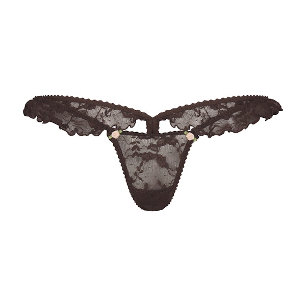 STRETCH LACE BUTTERFLY THONG | ESPRESSO FLAT ON A WHITE BACKGROUND | FLT