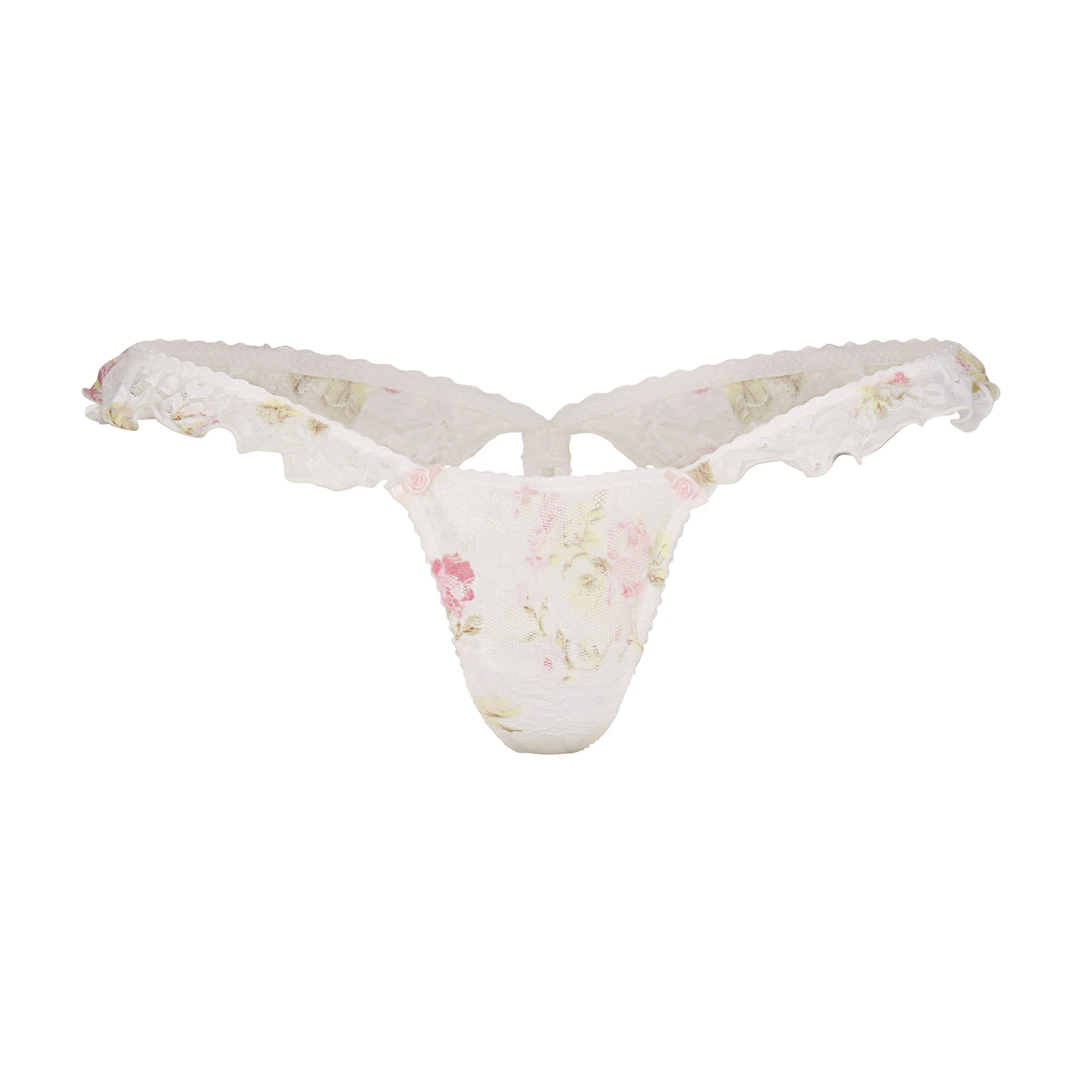 STRETCH LACE BUTTERFLY THONG | SNOW VINTAGE FLORAL PRINT FLAT ON A WHITE BACKGROUND | FLT @ | FOCUS: 0.0, 1.0, 0.9