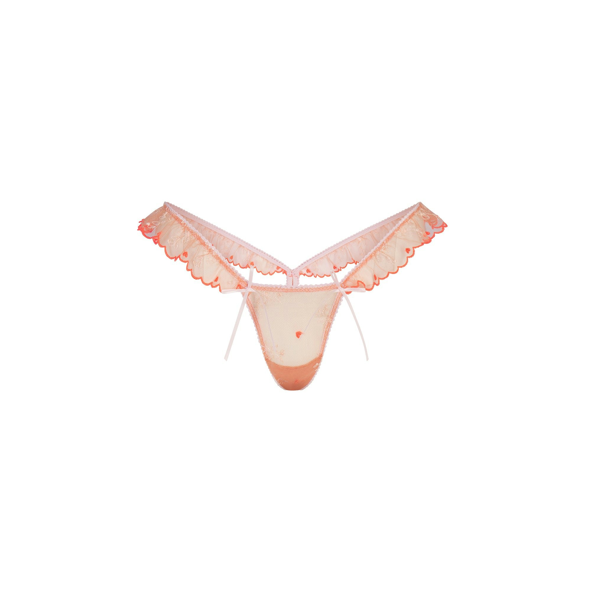 EMBROIDERED TULLE BUTTERFLY THONG | GUAVA HEART TULLE FLAT ON A WHITE BACKGROUND | FLT @ | FOCUS: 0.0, 1.0, 0.9