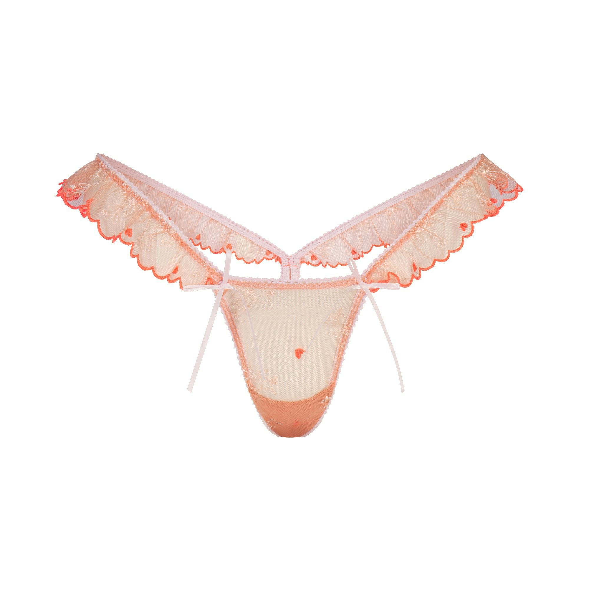 EMBROIDERED TULLE BUTTERFLY THONG | GUAVA HEART TULLE FLAT ON A WHITE BACKGROUND | FLT