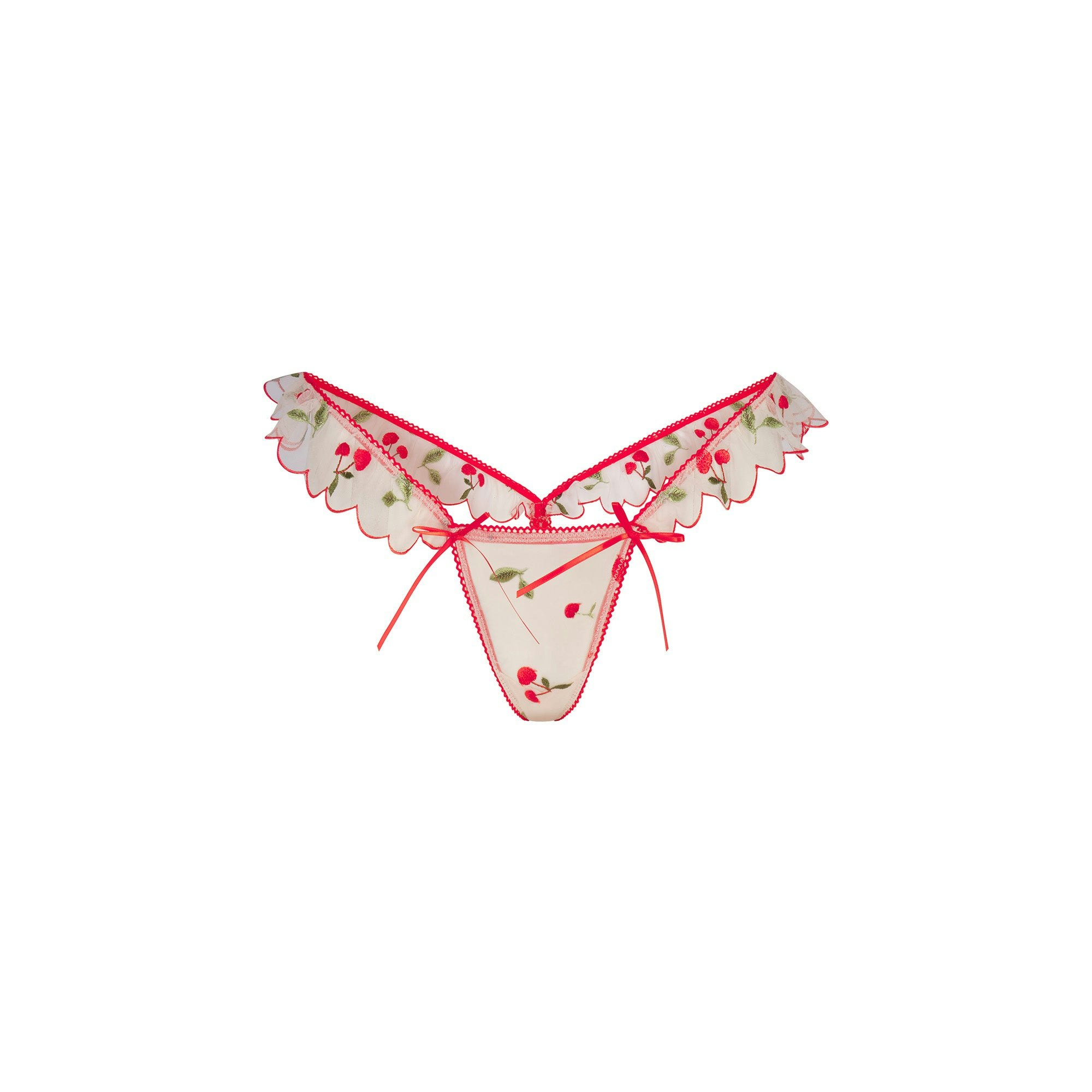 EMBROIDERED TULLE BUTTERFLY THONG | PRIMROSE CHERRY TULLE FLAT ON A WHITE BACKGROUND | FLT @ | FOCUS: 0.0, 1.0, 0.9