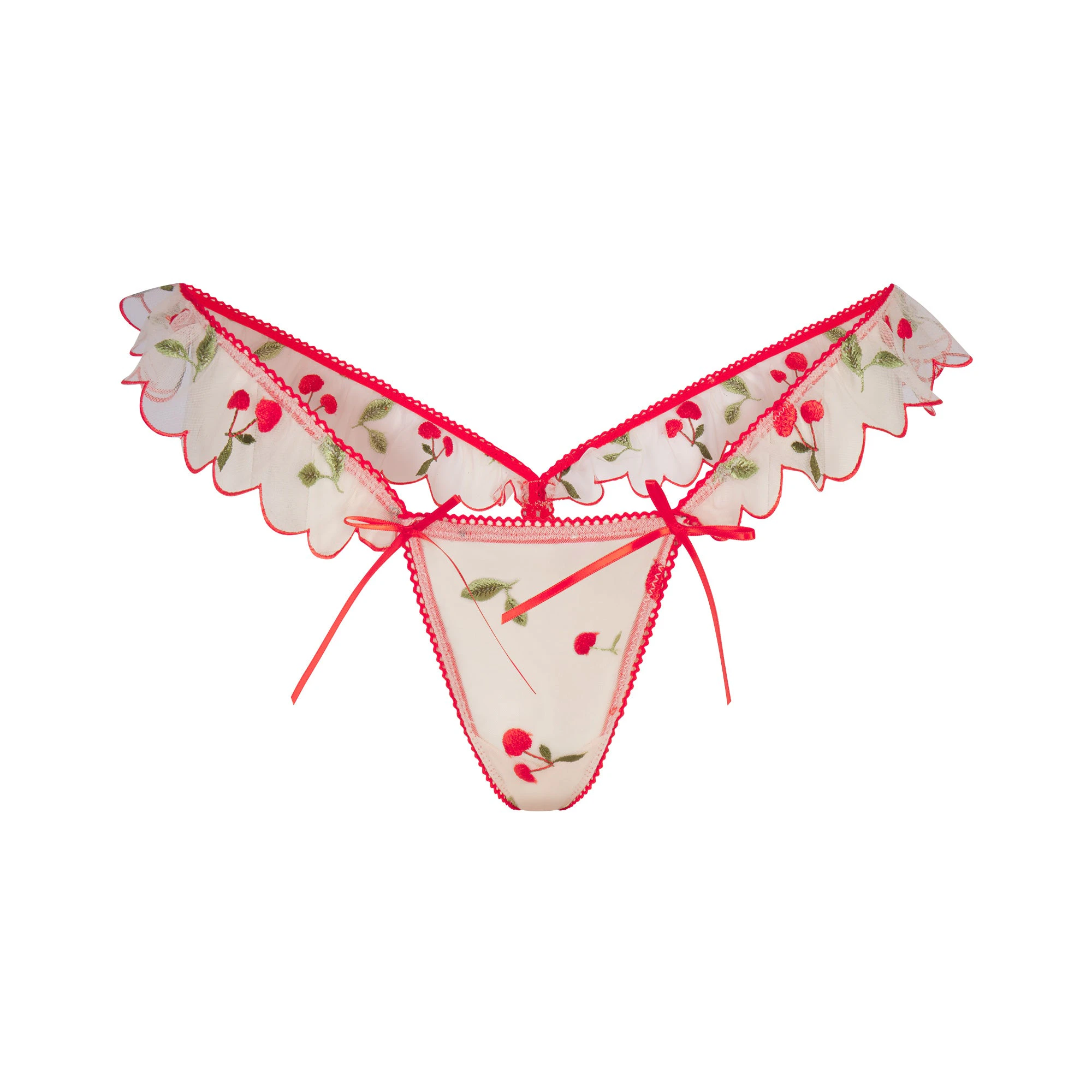 EMBROIDERED TULLE BUTTERFLY THONG | PRIMROSE CHERRY TULLE FLAT ON A WHITE BACKGROUND | FLT