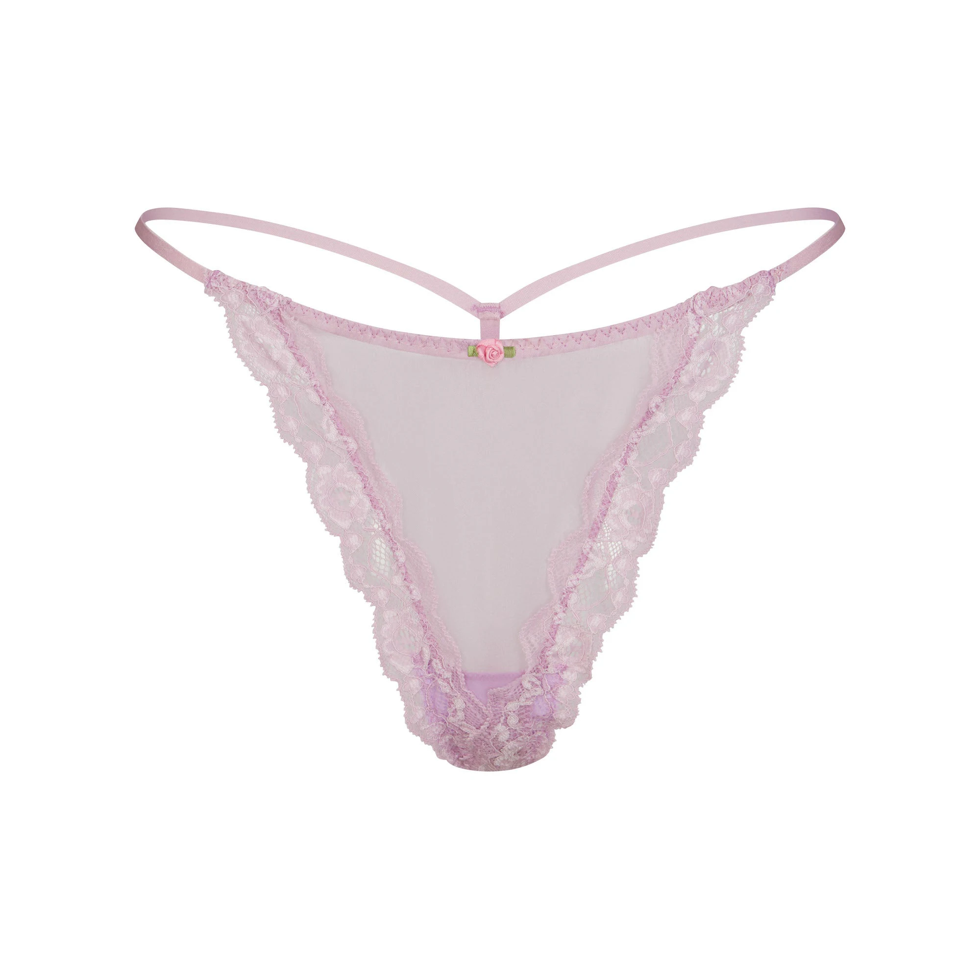 SKIMS ROMANCE LACE STRING THONG | IRIS MICA (THONGS, PANTIES) FLAT ON A WHITE BACKGROUND | FLT