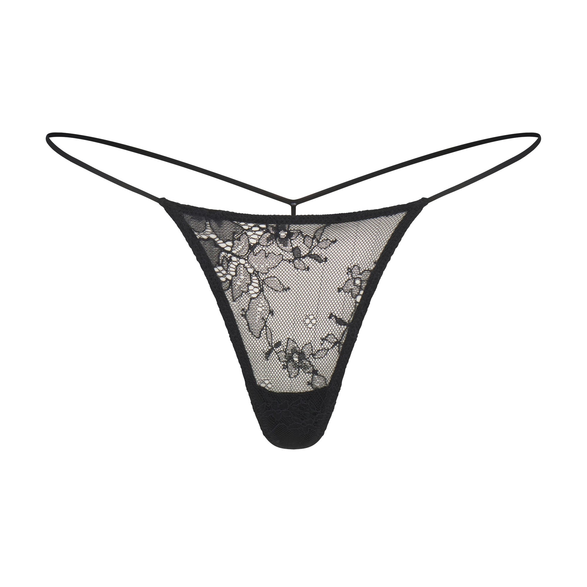ULTRA FINE LACE MICRO THONG | ONYX (THONGS) FLAT ON A WHITE BACKGROUND | FLT