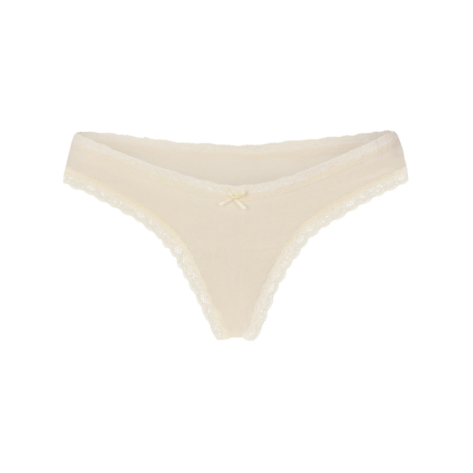 LIGHTWEIGHT COTTON LACE THONG | BUTTER TONAL FLAT ON A WHITE BACKGROUND | FLT