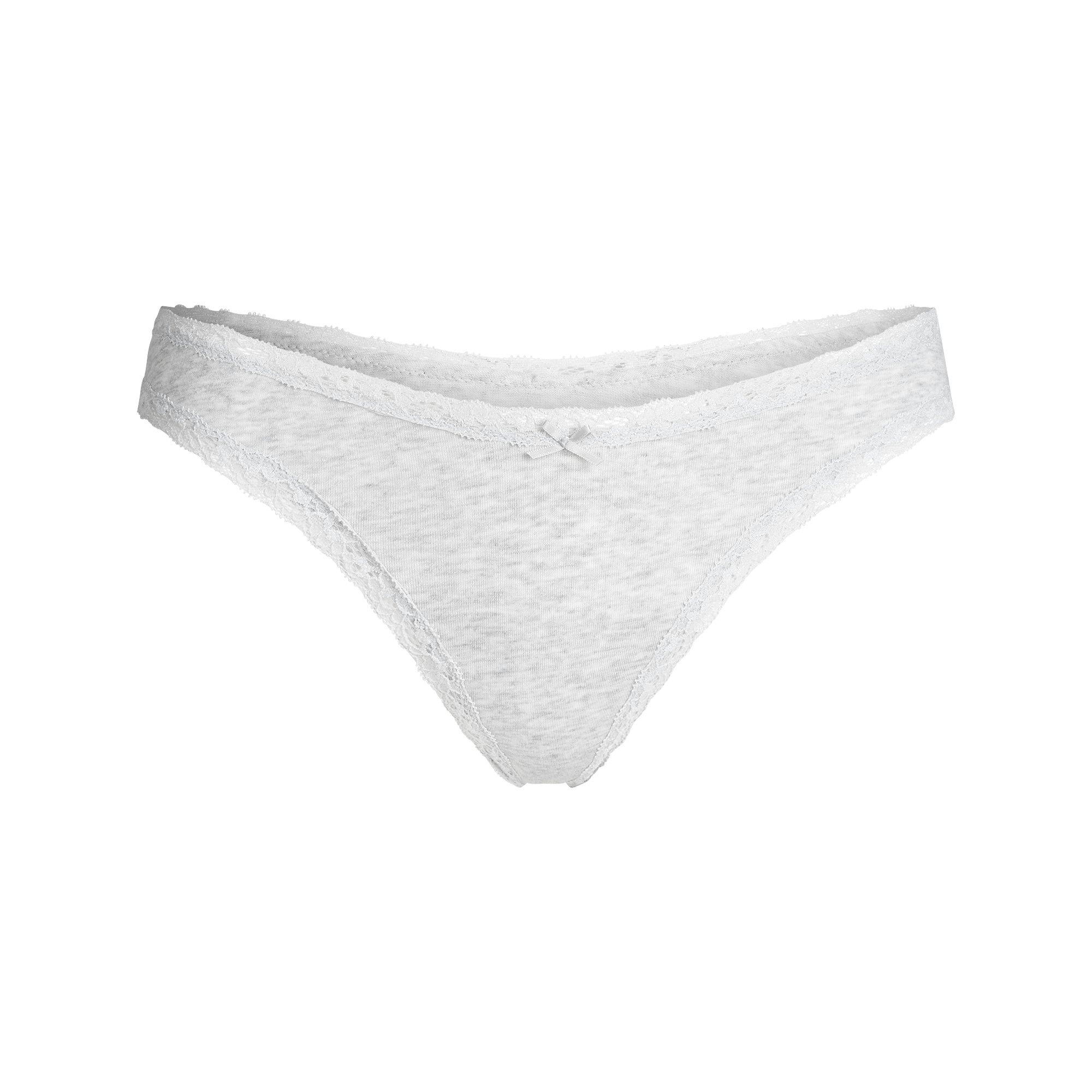 LIGHTWEIGHT COTTON LACE THONG | LIGHT HEATHER GREY FLAT ON A WHITE BACKGROUND | FLT