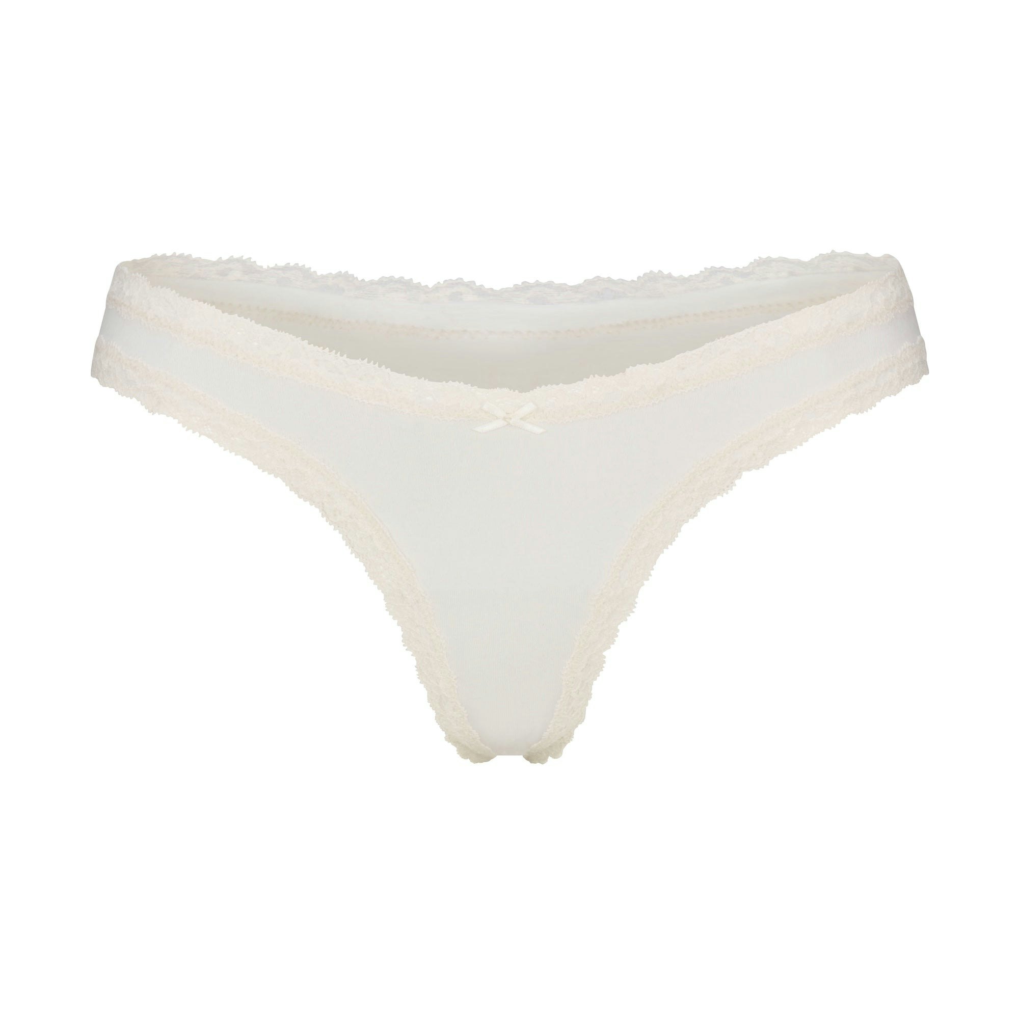 LIGHTWEIGHT COTTON LACE TRIM THONG | MARBLE FLAT ON A WHITE BACKGROUND | FLT