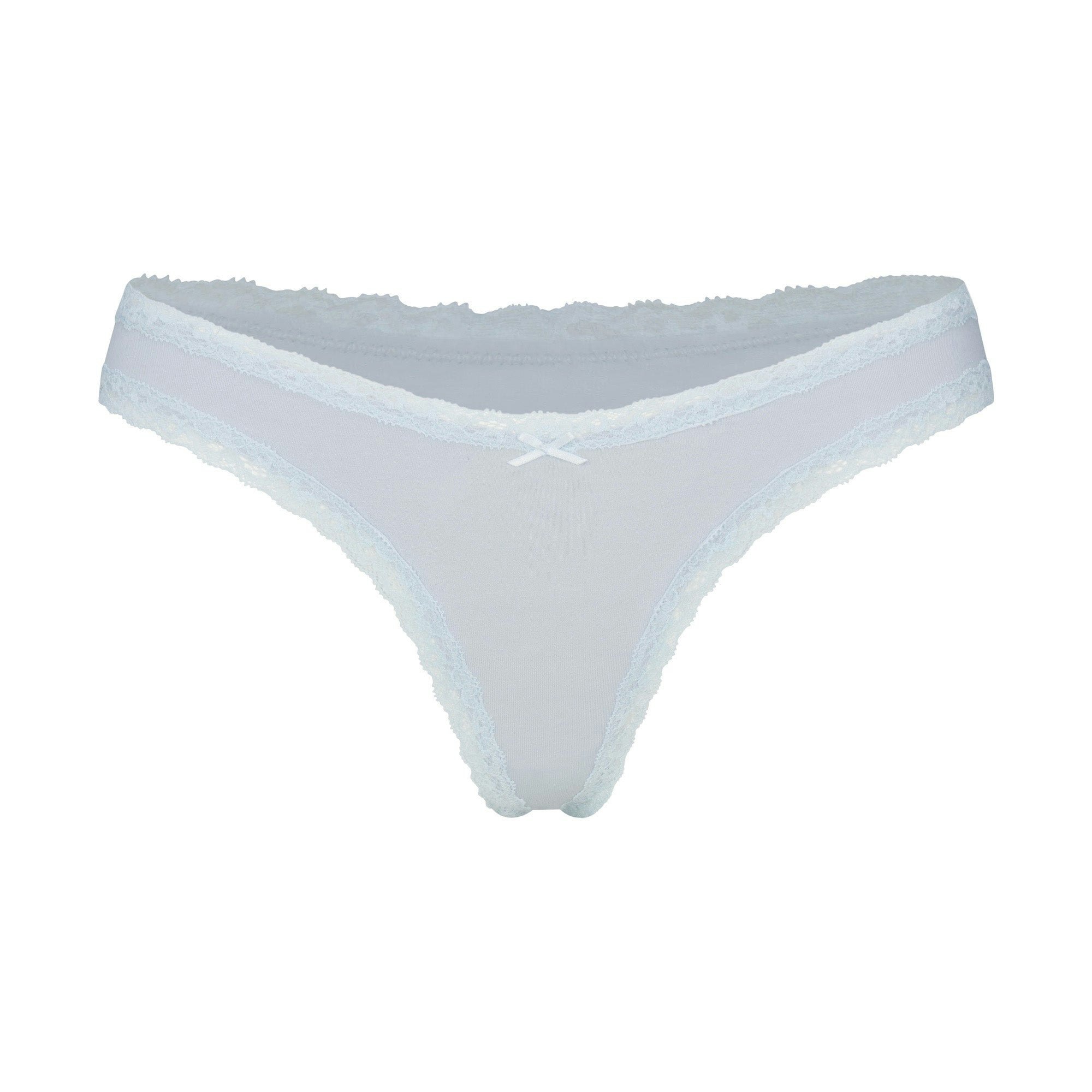LIGHTWEIGHT COTTON LACE THONG | ZEN BLUE FLAT ON A WHITE BACKGROUND | FLT