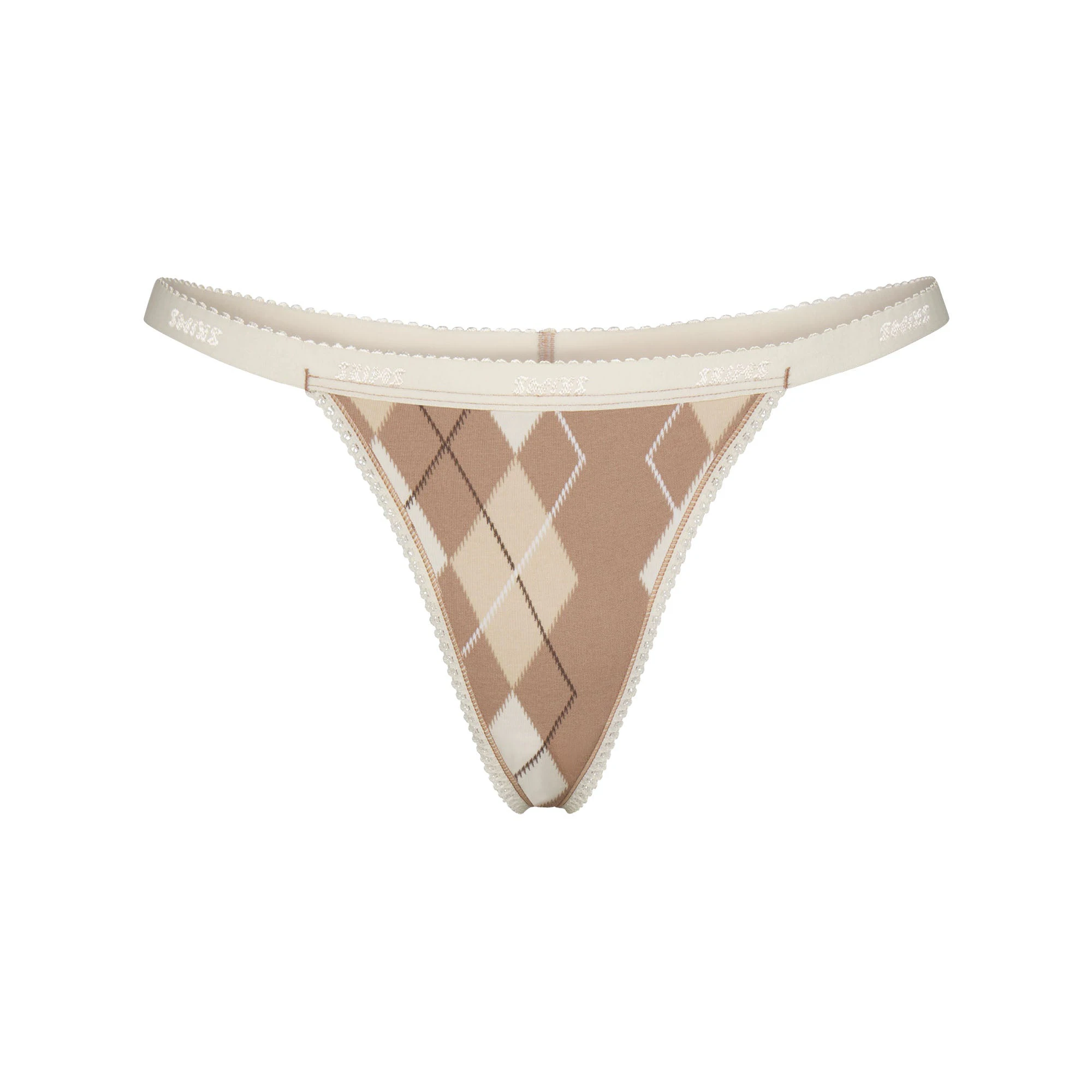 LIGHTWEIGHT COTTON LOGO PICOT THONG | CAFE ARGYLE PRINT & LAYS FLAT ON A WHITE BACKGROUND | FLT