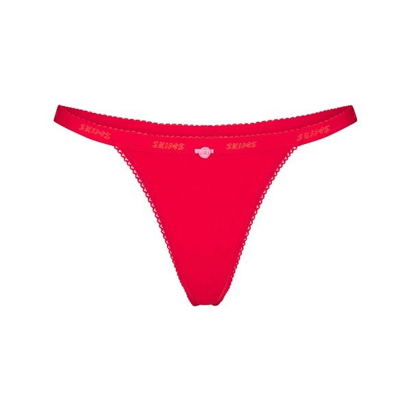 LIGHTWEIGHT COTTON LOGO PICOT THONG | RUBY TONAL FLAT ON A WHITE BACKGROUND | FLT