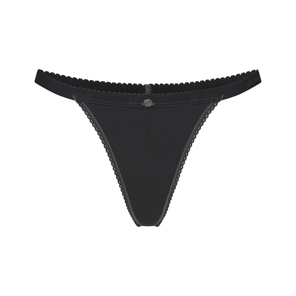LIGHTWEIGHT COTTON PICOT LOGO THONG | SOOT FLAT ON A WHITE BACKGROUND | FLT