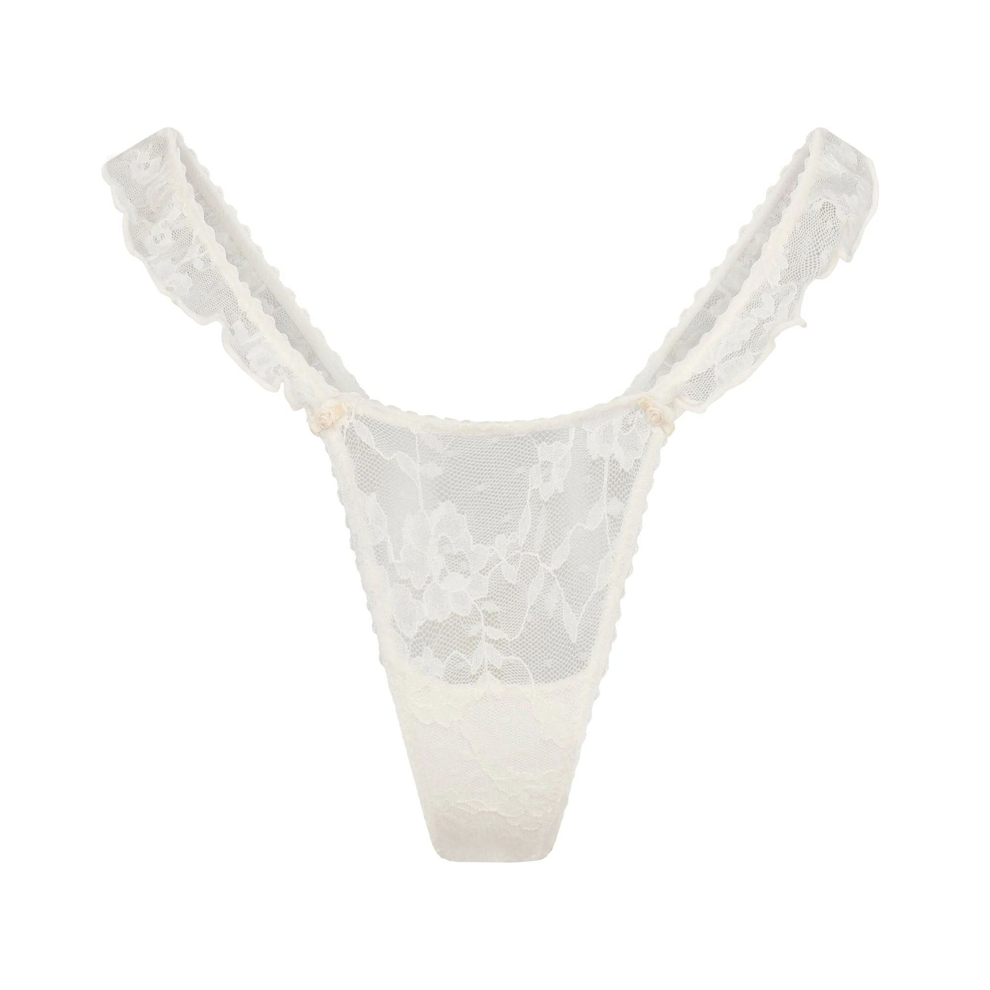 STRETCH LACE BUTTERFLY THONG | ECRU (THONGS) FLAT ON A WHITE BACKGROUND | FLT