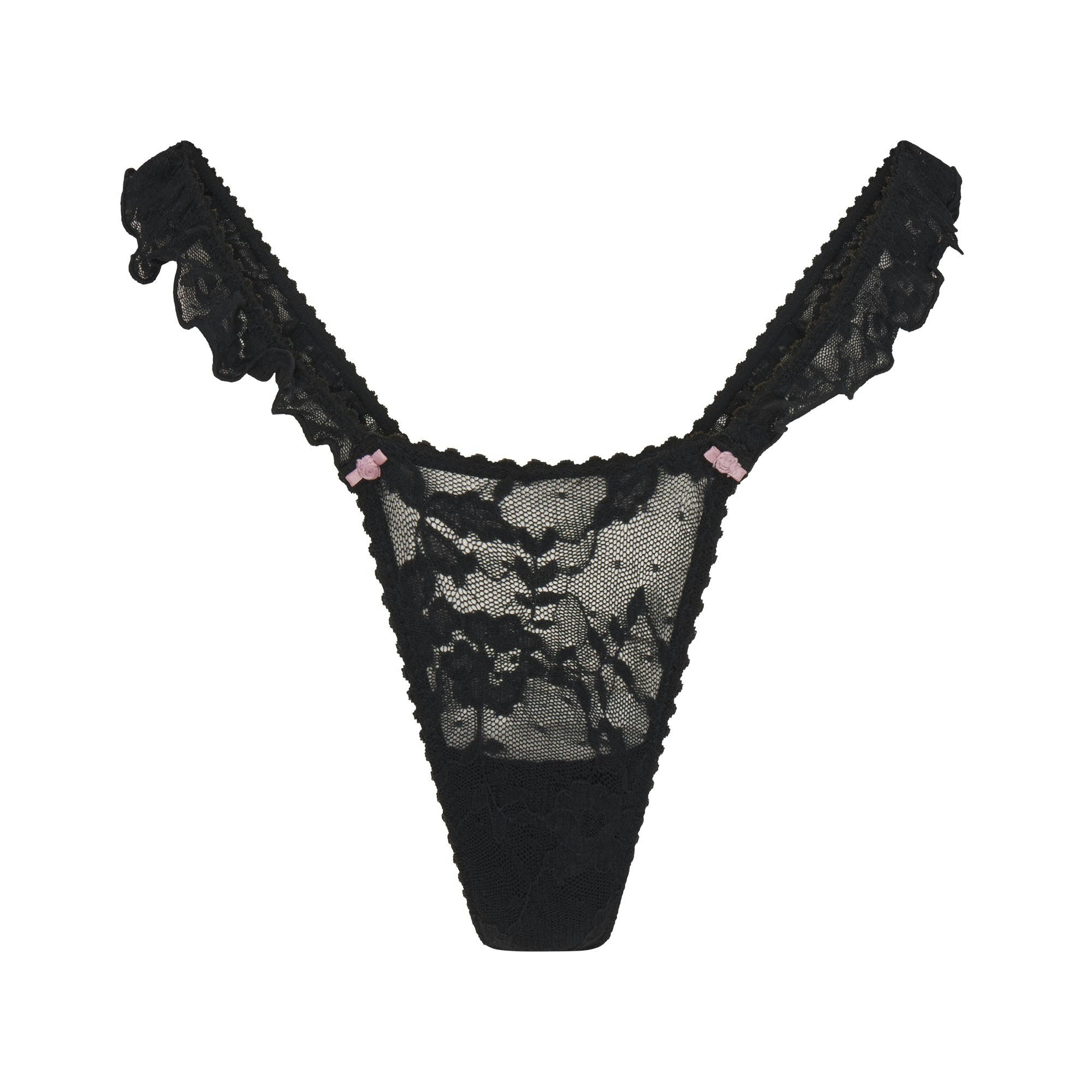 STRETCH LACE BUTTERFLY THONG | ONYX (THONGS) FLAT ON A WHITE BACKGROUND | FLT