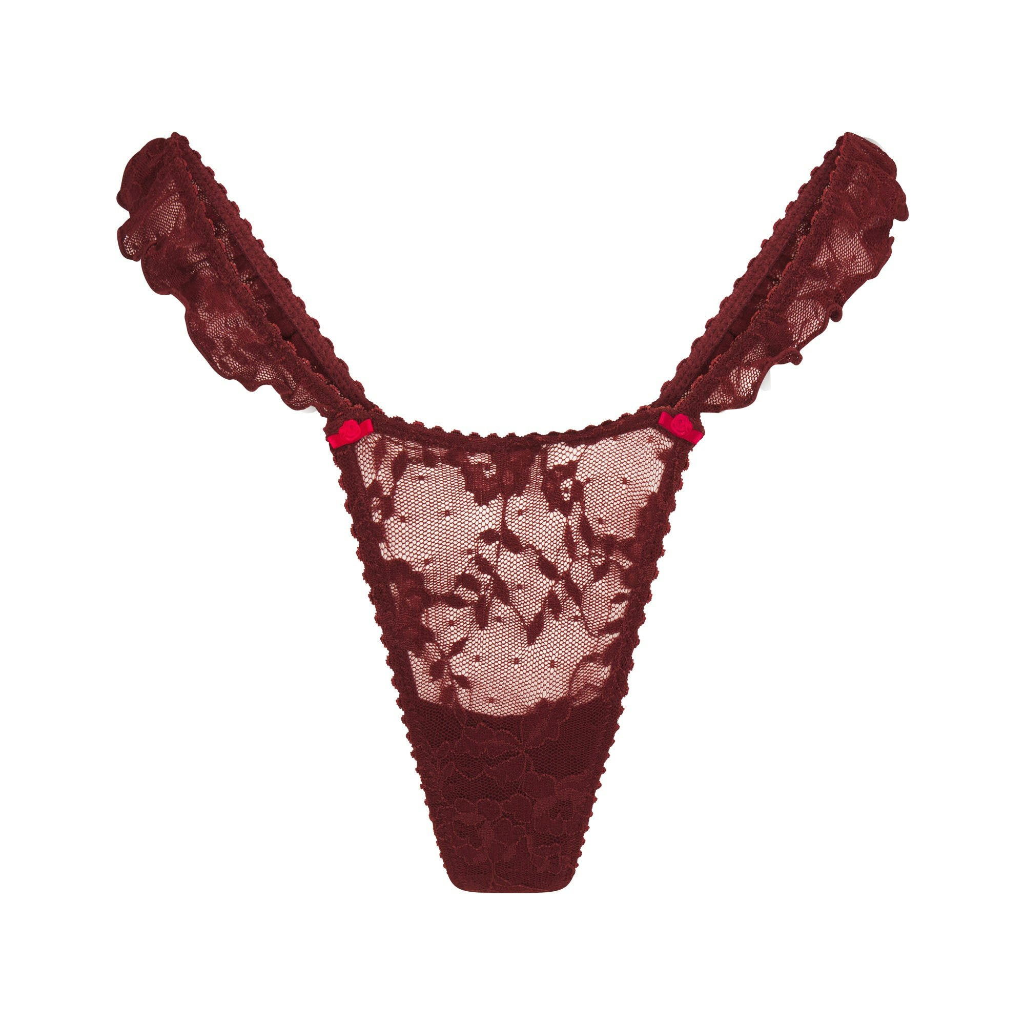 STRETCH LACE BUTTERFLY THONG | OXBLOOD (THONGS) FLAT ON A WHITE BACKGROUND | FLT