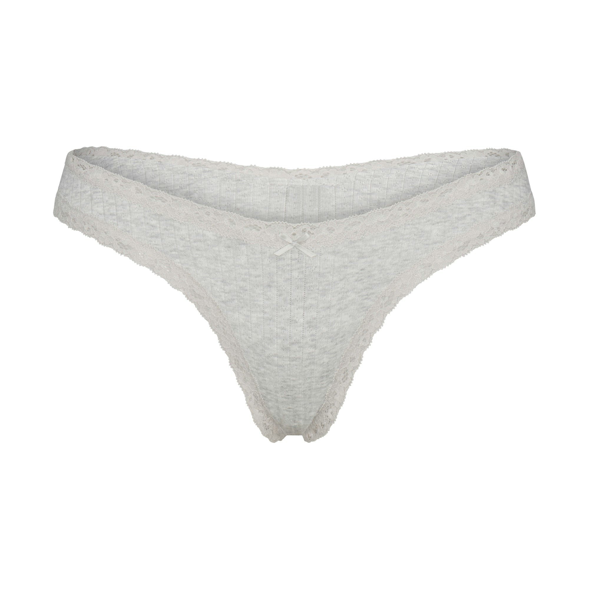 LIGHTWEIGHT COTTON POINTELLE LACE THONG | LIGHT HEATHER GREY FLAT ON A WHITE BACKGROUND | FLT