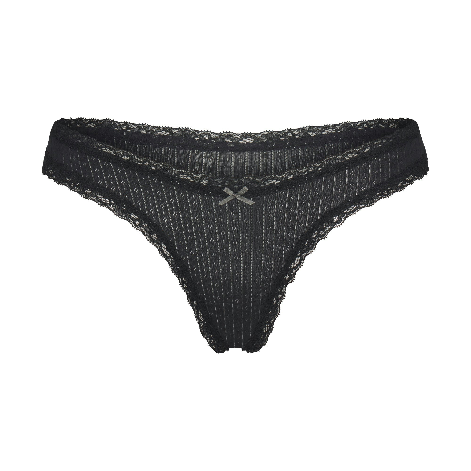 LIGHTWEIGHT COTTON POINTELLE LACE THONG | SOOT TONAL FLAT ON A WHITE BACKGROUND | FLT