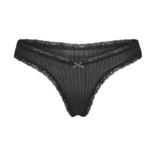 LIGHTWEIGHT COTTON POINTELLE LACE THONG | SOOT TONAL FLAT ON A WHITE BACKGROUND | FLT