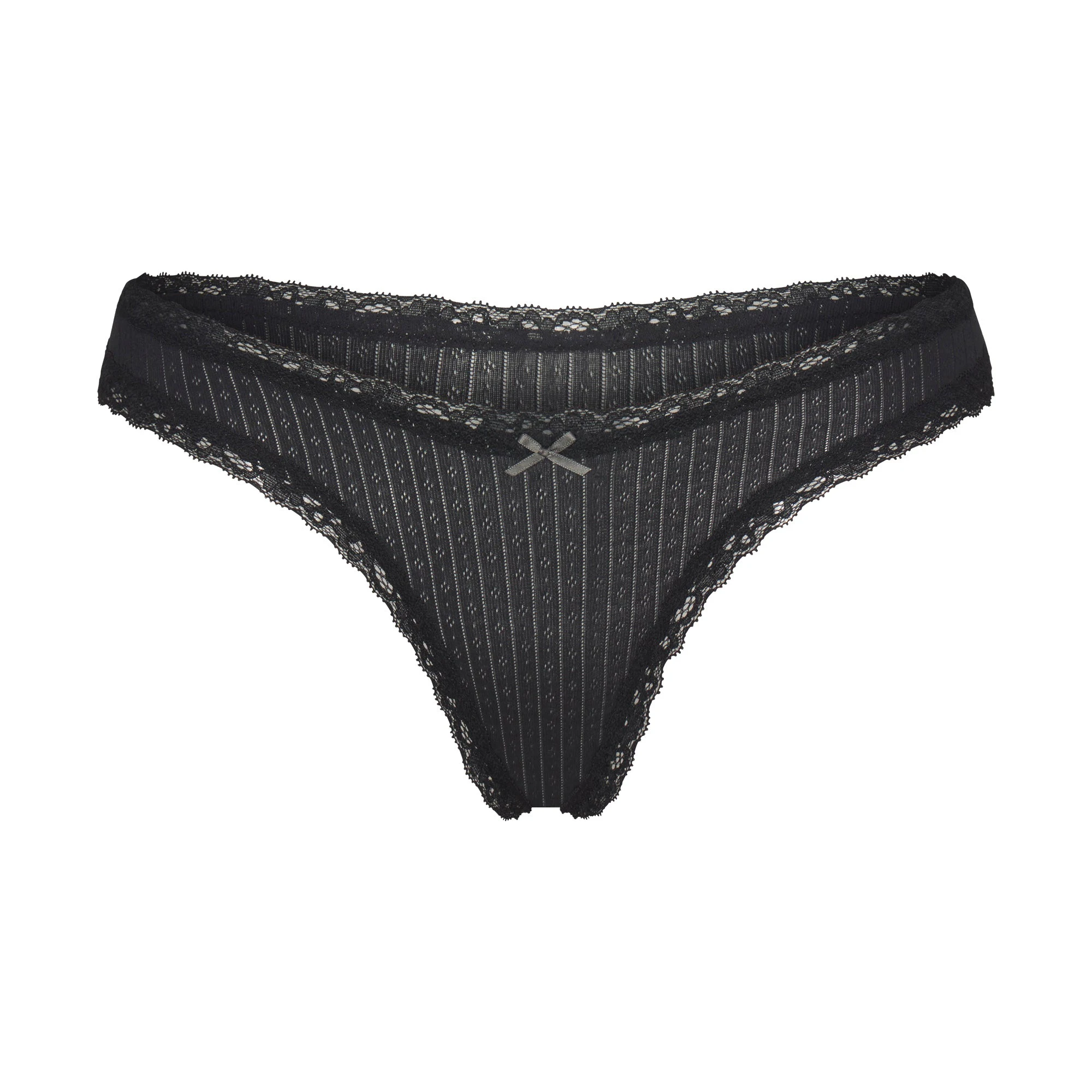 LIGHTWEIGHT COTTON POINTELLE LACE THONG | SOOT TONAL FLAT ON A WHITE BACKGROUND | FLT