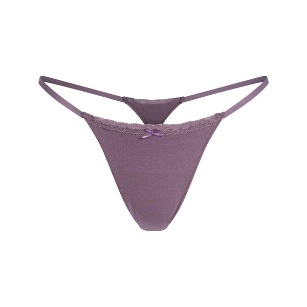 LIGHTWEIGHT COTTON LACE STRING THONG | FIG TONAL FLAT ON A WHITE BACKGROUND | FLT