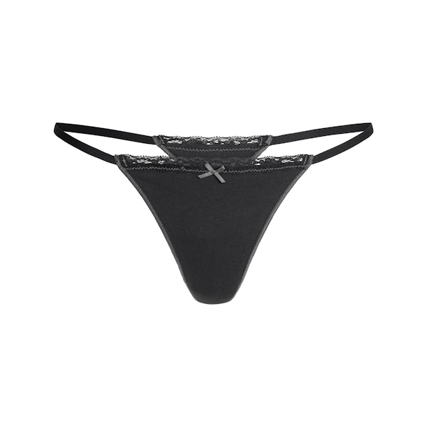 LIGHTWEIGHT COTTON LACE STRING THONG | SOOT TONAL FLAT ON A WHITE BACKGROUND | FLT