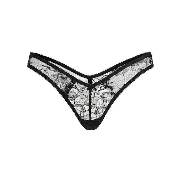 ULTRA FINE LACE BUTTERFLY THONG | ONYX FLAT ON A WHITE BACKGROUND | FLT