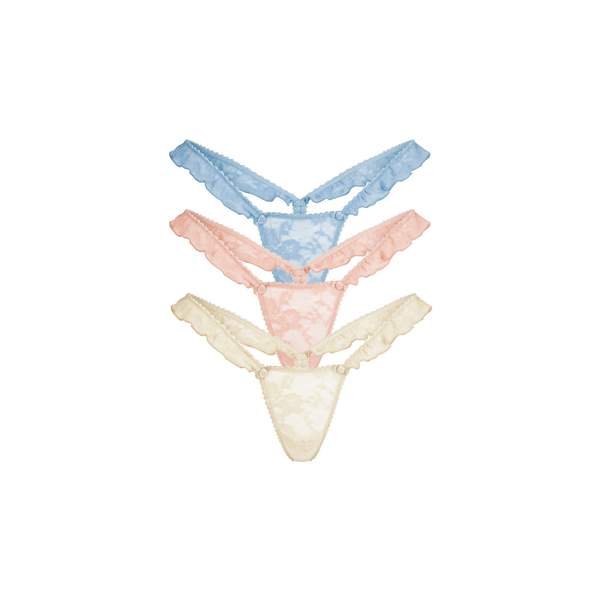 STRETCH LACE BUTTERFLY THONG 3-PACK | VILLA MULTI FLAT ON A WHITE BACKGROUND | FOCUS: 0.0, 1.0, 0.9
