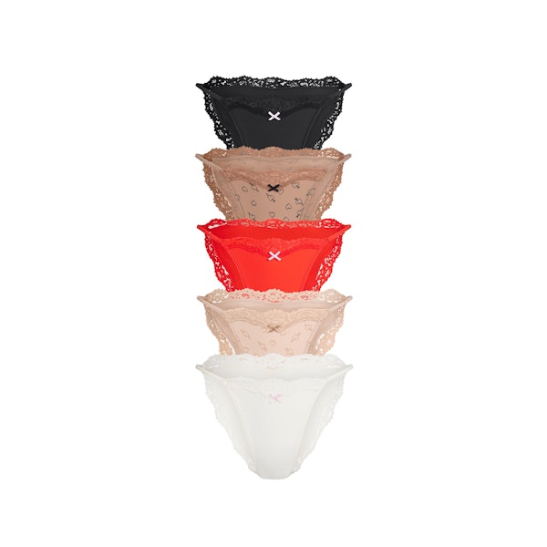 FITS EVERYBODY LACE STRING BIKINI 5-PACK | SKETCHED HEARTS MULTI FLAT ON A WHITE BACKGROUND | FLT @ | FOCUS: 0.0, 1.0, 0.9