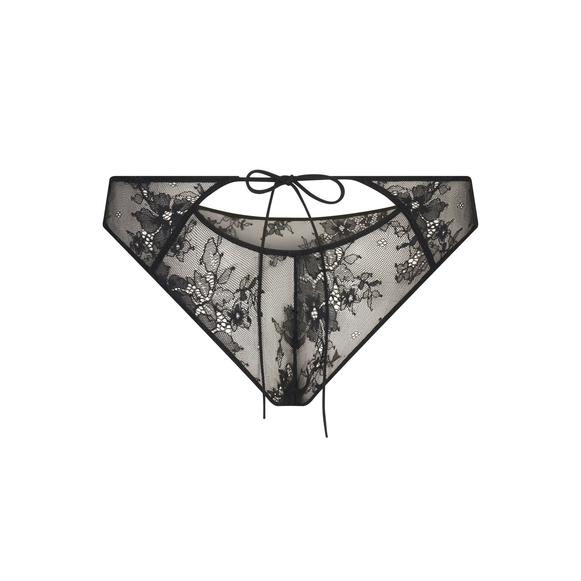 ULTRA FINE LACE PEEK-A-BOO BIKINI | ONYX FLAT ON A WHITE BACKGROUND