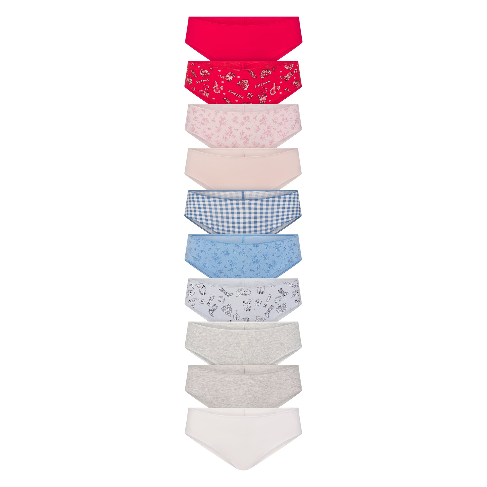 LIGHTWEIGHT COTTON RUCHED BACK HIPSTER 10-PACK | DAINTY FLORAL MULTI FLAT ON A WHITE BACKGROUND | FLT