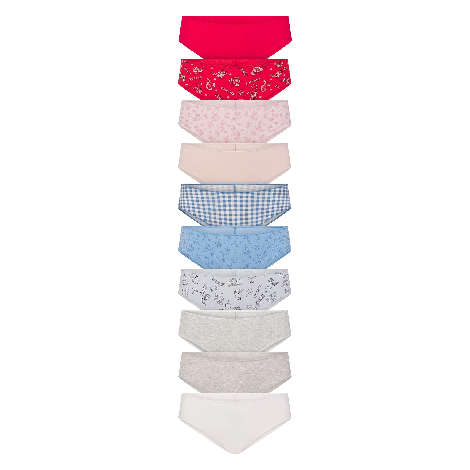LIGHTWEIGHT COTTON RUCHED BACK HIPSTER 10-PACK | DAINTY FLORAL MULTI FLAT ON A WHITE BACKGROUND | FLT