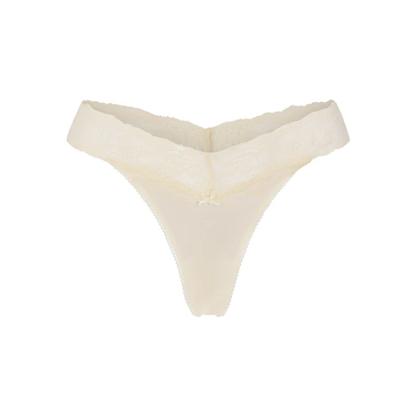 LIGHTWEIGHT COTTON WIDE LACE THONG | BUTTER TONAL FLAT ON A WHITE BACKGROUND | FLT