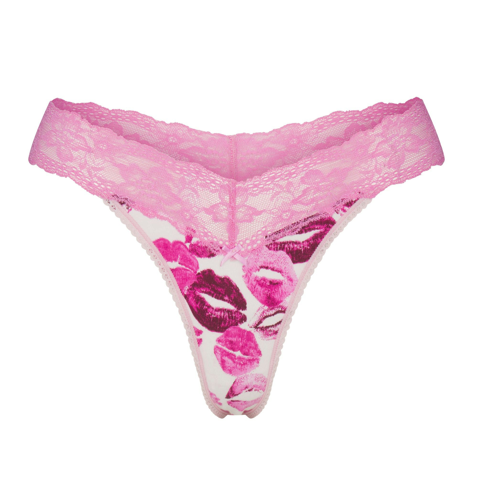 LIGHTWEIGHT COTTON WIDE LACE THONG | PINK ALLOVER LIPSTICK FLAT ON A WHITE BACKGROUND | FLT