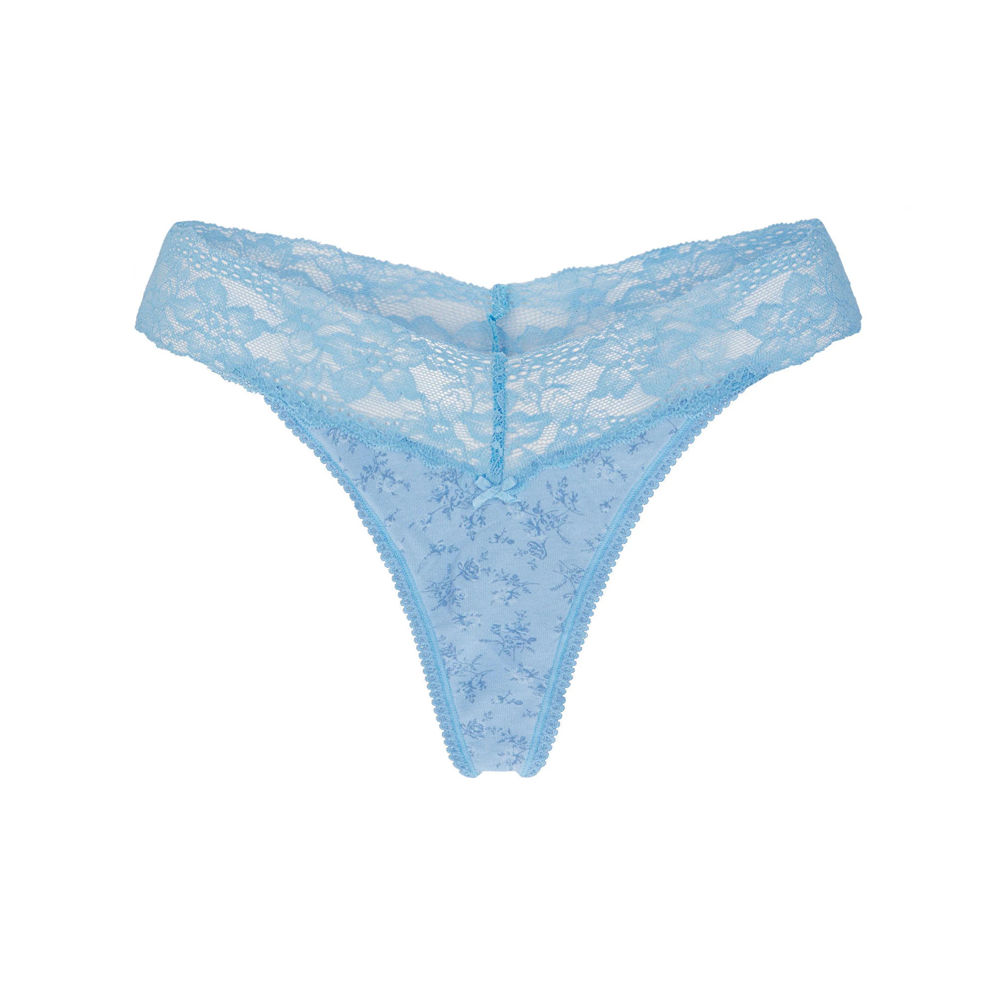 LIGHTWEIGHT COTTON WIDE LACE THONG | SURF DAINTY FLORAL PRINT FLAT ON A WHITE BACKGROUND | FLT