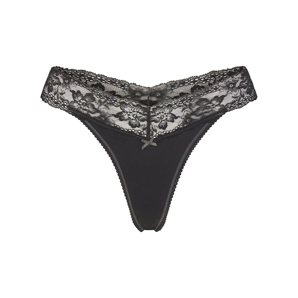 LIGHTWEIGHT COTTON WIDE LACE THONG | SOOT TONAL FLAT ON A WHITE BACKGROUND | FLT