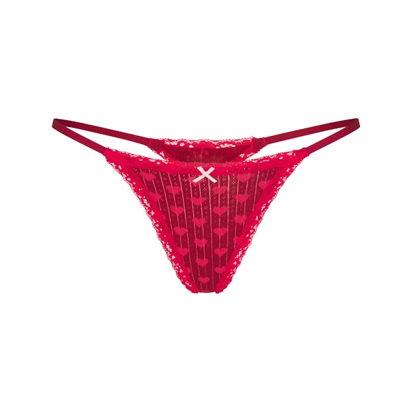 LIGHTWEIGHT COTTON POINTELLE LACE STRING THONG | BRICK HEART HALFDROP FLAT ON A WHITE BACKGROUND | FLT
