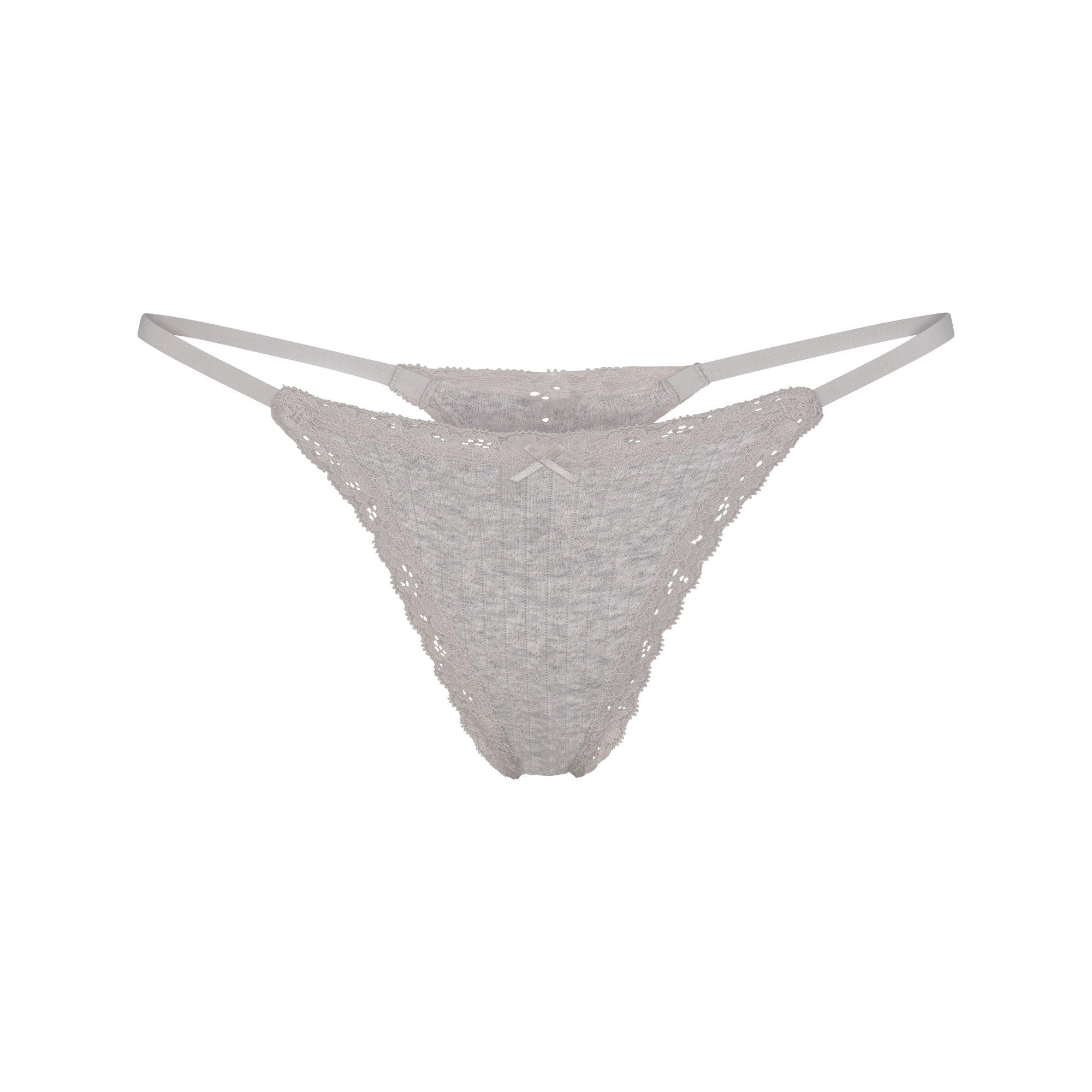 LIGHTWEIGHT COTTON POINTELLE LACE STRING THONG | LIGHT HEATHER GREY LAYS FLAT ON A WHITE BACKGROUND | FLT