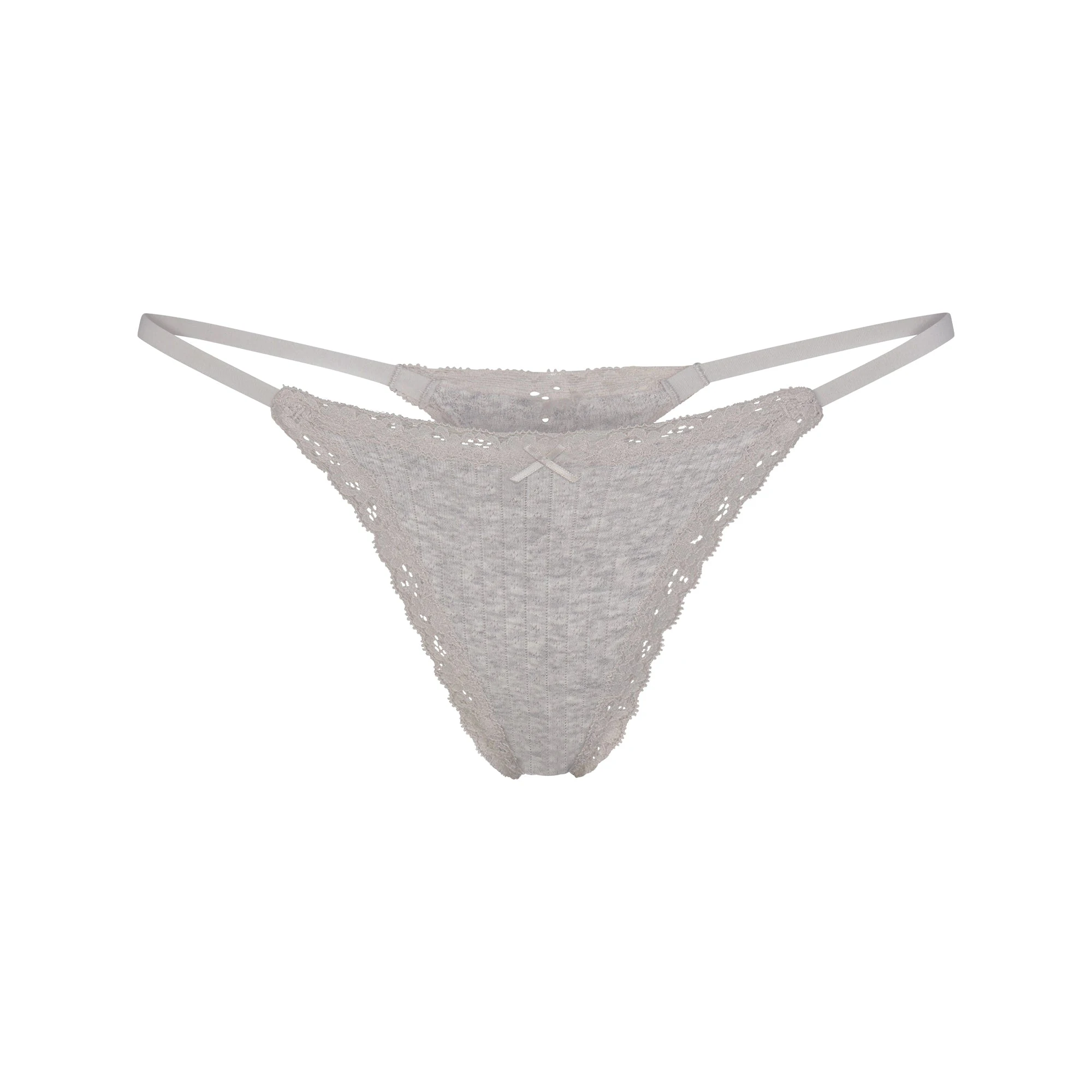LIGHTWEIGHT COTTON POINTELLE LACE STRING THONG | LIGHT HEATHER GREY LAYS FLAT ON A WHITE BACKGROUND | FLT