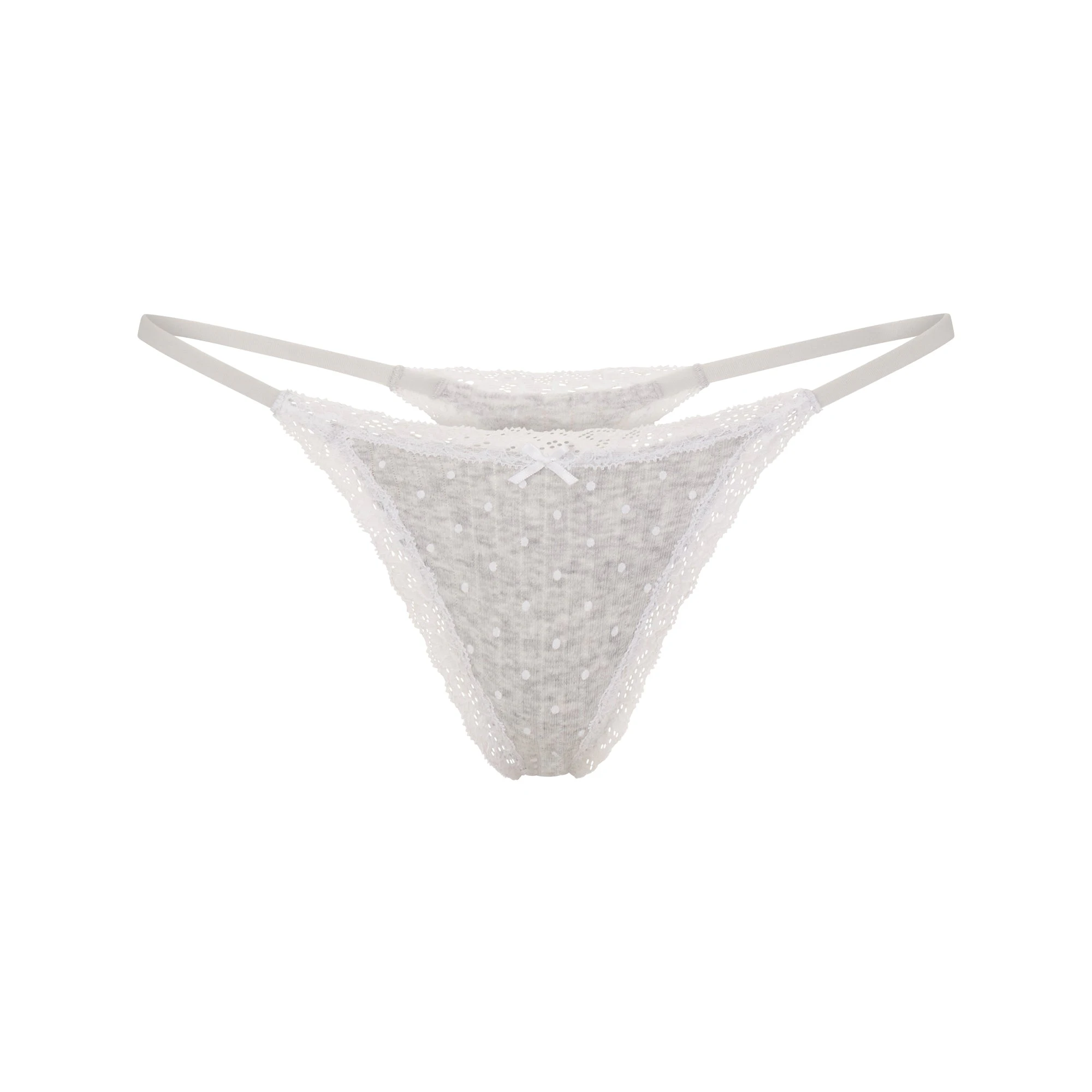 LIGHTWEIGHT COTTON POINTELLE LACE STRING THONG | LIGHT HEATHER GREY PIN DOT FLAT ON A WHITE BACKGROUND | FLT