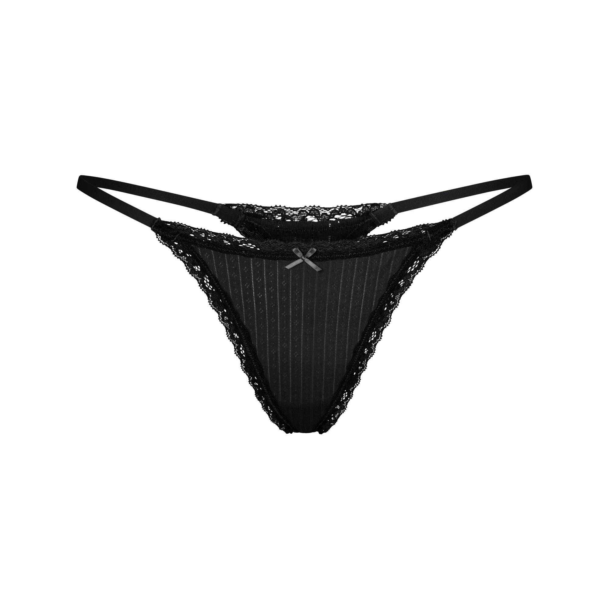 LIGHTWEIGHT COTTON POINTELLE LACE STRING THONG | SOOT TONAL FLAT ON A WHITE BACKGROUND | FLT